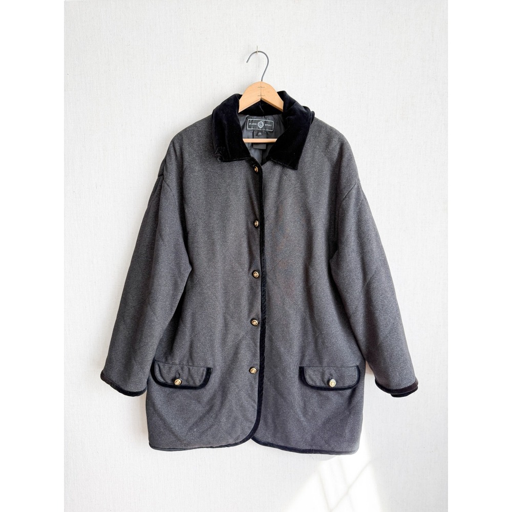 St John Sport Marie Gray Gray Wool Blend Velvet Trim Jacket Gold Crest Buttons L